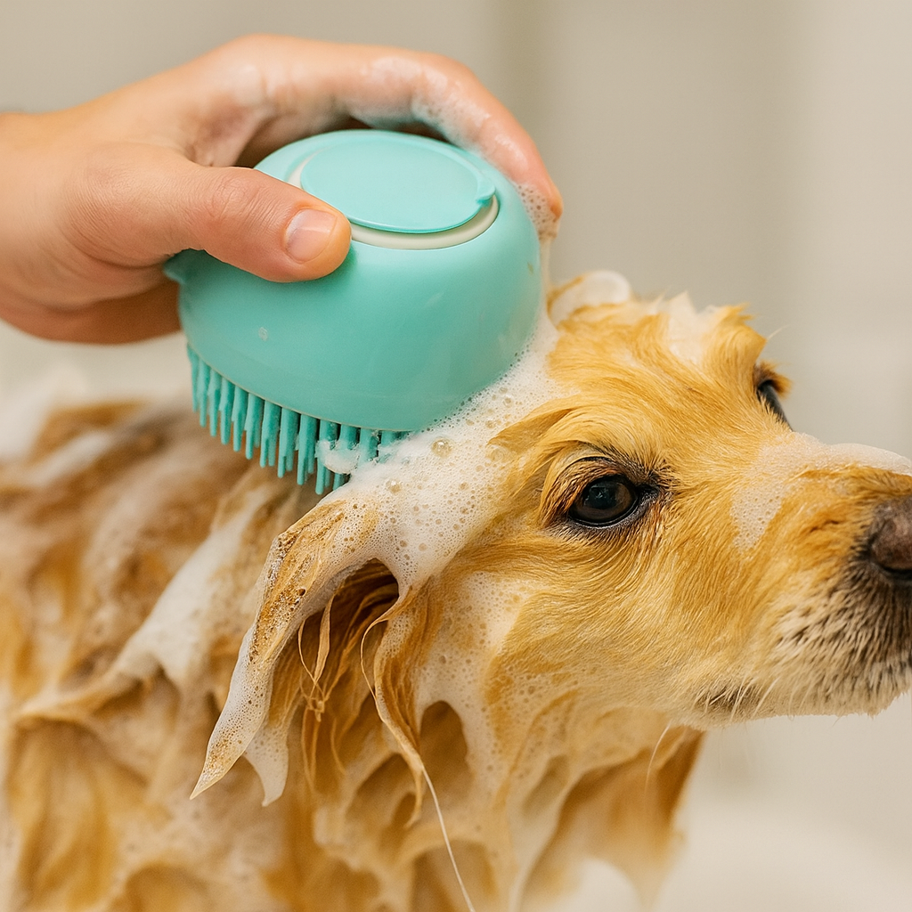 Gumowa szczotka do mycia psa i kota z dozownikiem szamponu